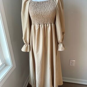 Amazon Beige Smocked Midi Dress